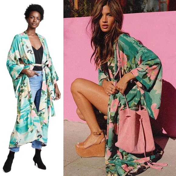 New Spell Designs Nightingale Reversible Kimono Robe Teal Black S/M Duster Lily - Picture 9 of 16